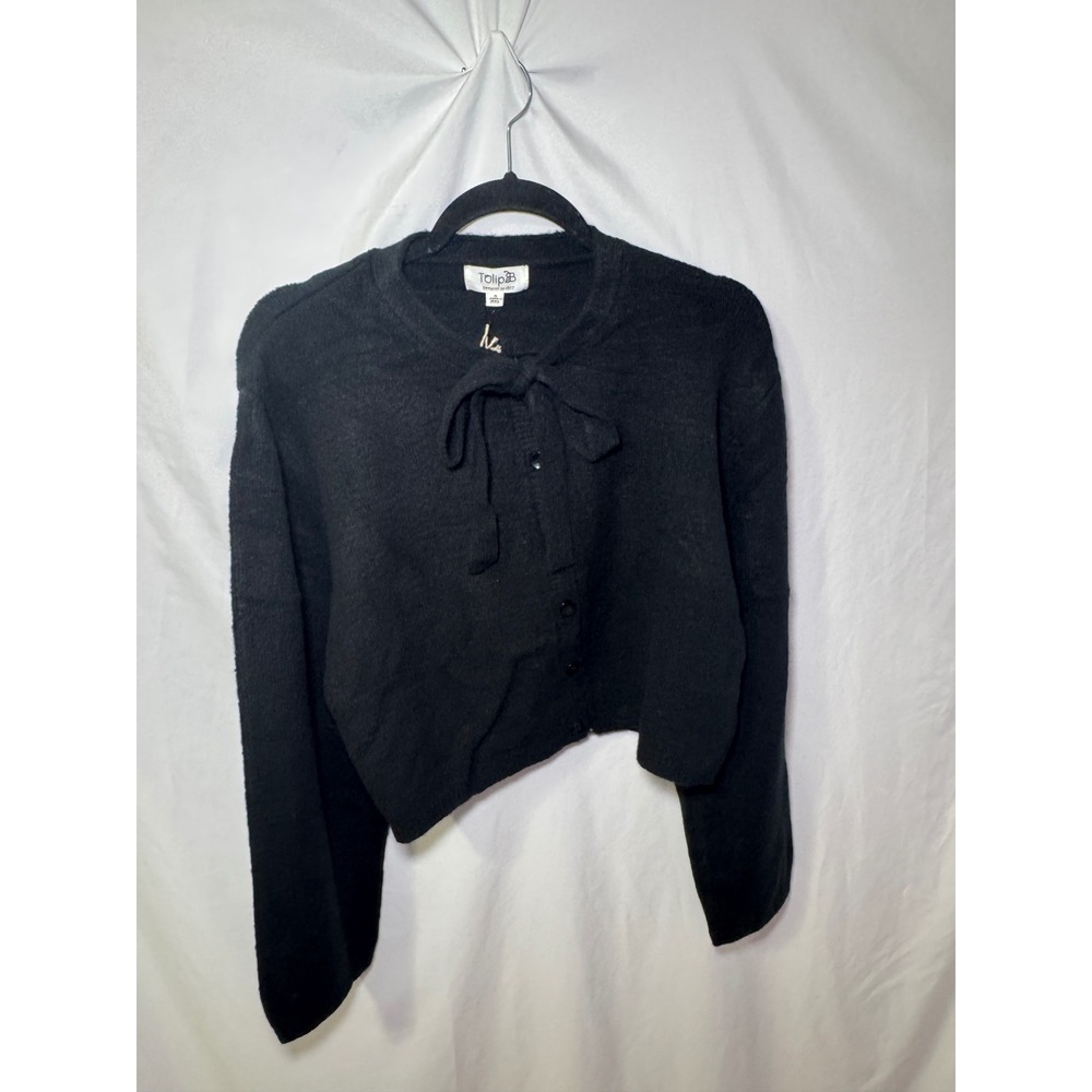 Black Cropped Cardigan XL Tie Neck Button Front Coquette Cozy Tulip B NWT